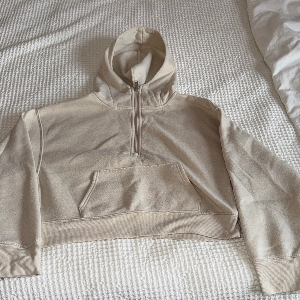 Cream Cropped Hoodie with Half-Zip